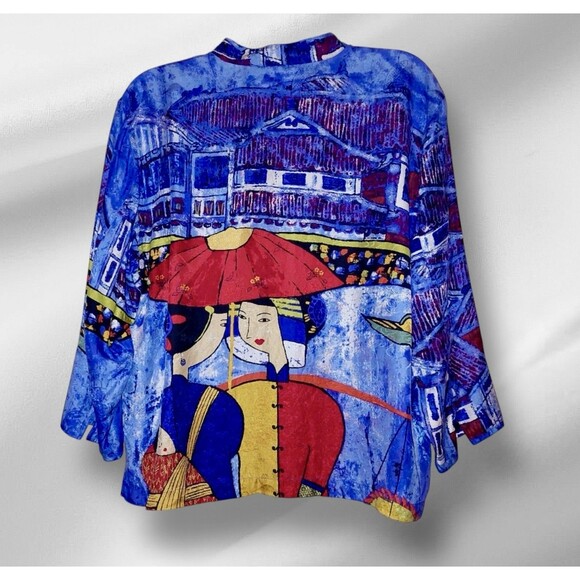 Chico’s Design Blue 100% Silk Asian Geisha Girl Frog Knot 1 M - Picture 2 of 7